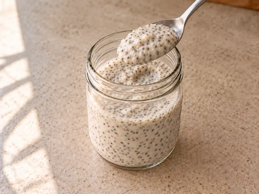 Set vanilla protein chia pudding with a thick spoonable texture