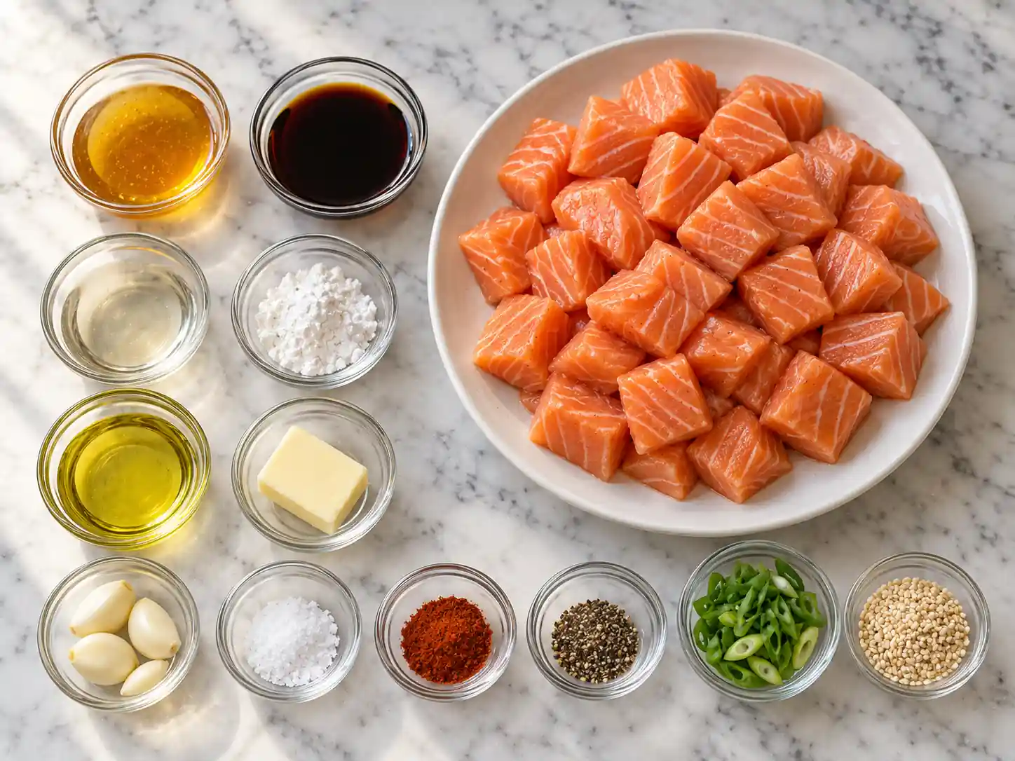 Raw cubed salmon, honey, soy sauce, rice vinegar, garlic, butter, oil, cornstarch, spices, and garnishes.