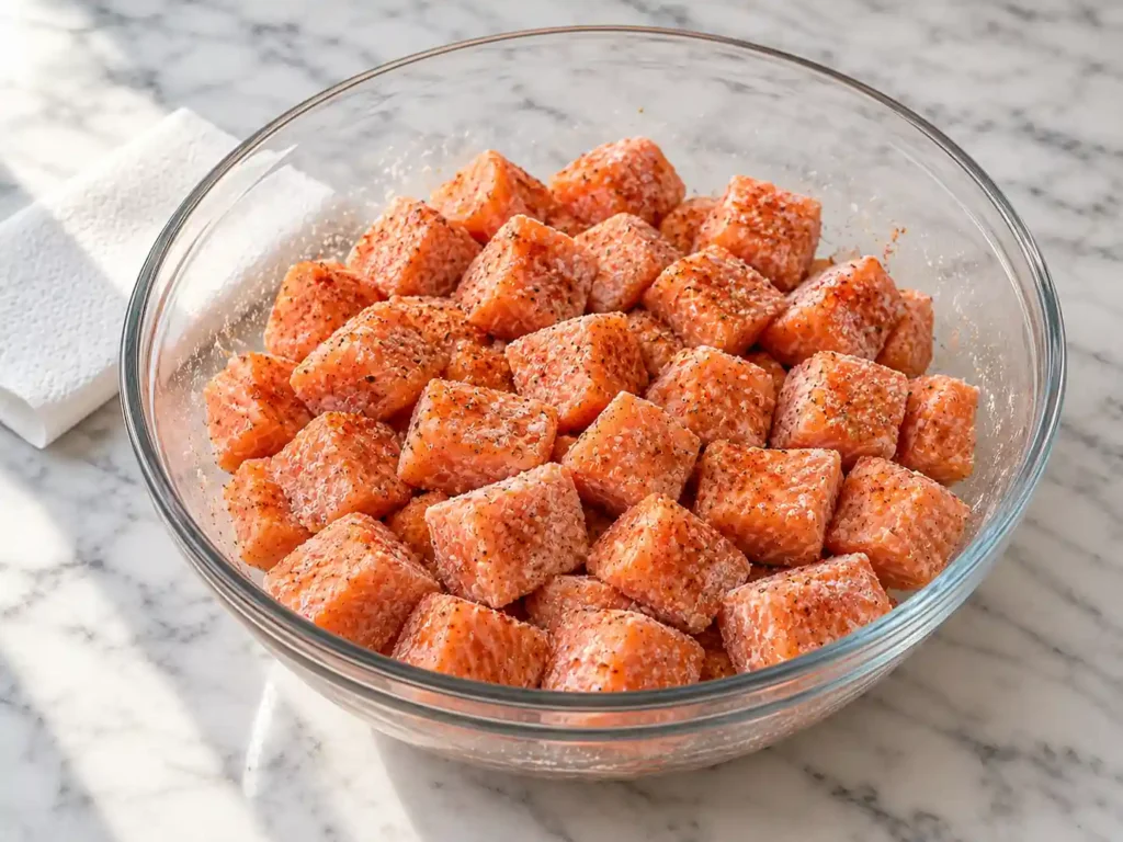 Raw salmon cubes lightly coated with cornstarch, paprika, salt, and black pepper in a glass bowl.