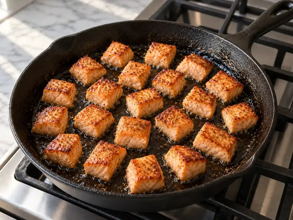 Golden salmon cubes searing in a single spaced layer in a black cast-iron skillet before glazing.