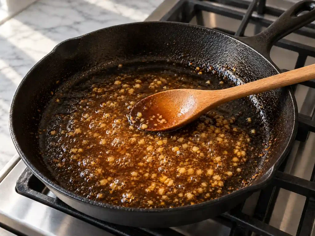 Honey garlic glaze bubbling in an empty cast-iron skillet with a wooden spoon after the salmon is removed.