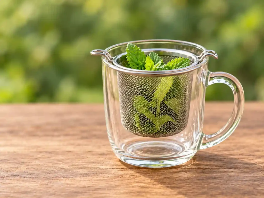 Fresh lemon balm leaves in a mesh infuser inside an empty glass mug