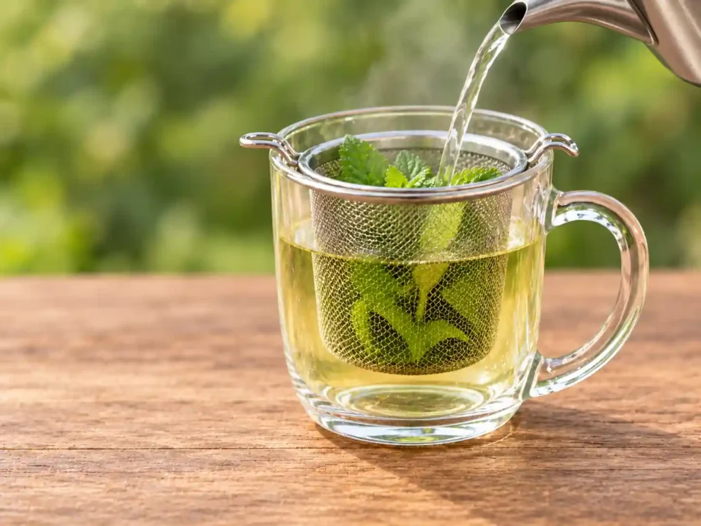 Hot water poured over lemon balm leaves in a mesh infuser in a glass mug