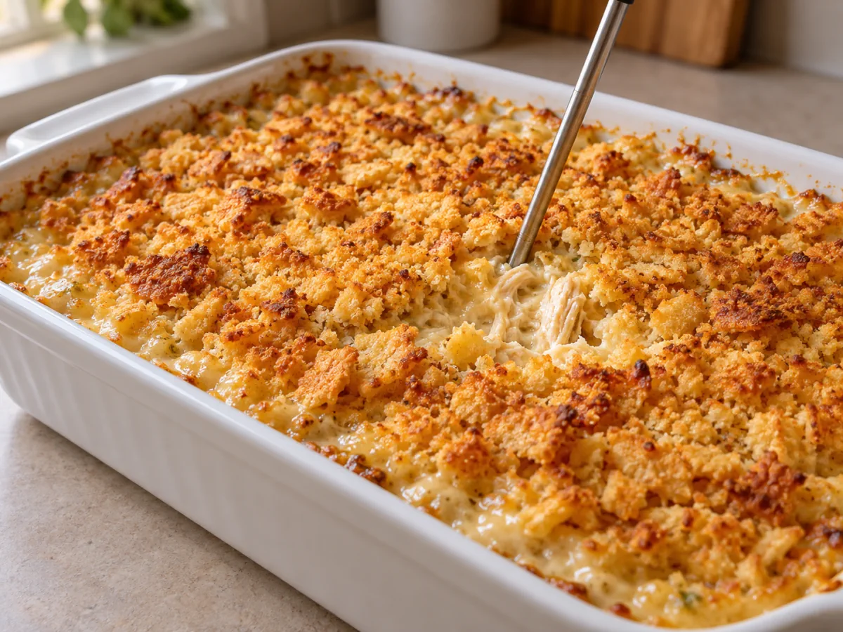 Food thermometer probe in the center of a golden chicken casserole with bubbling edges