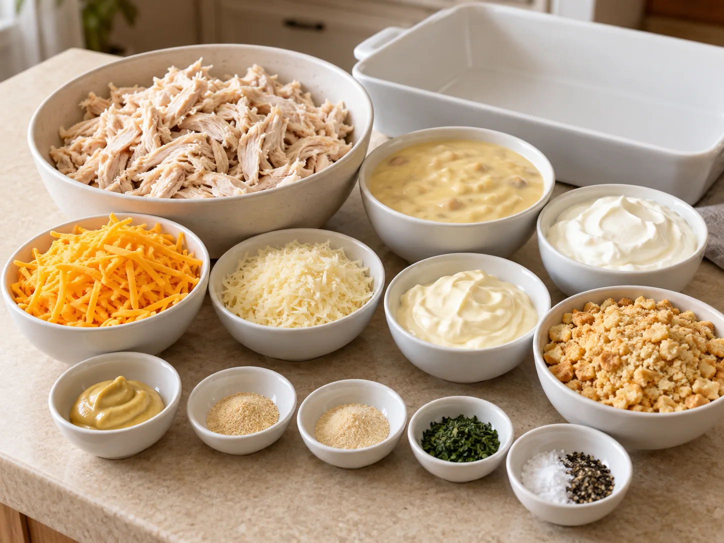Cooked shredded chicken, soup, cheeses, seasonings, and crushed crackers arranged before mixing