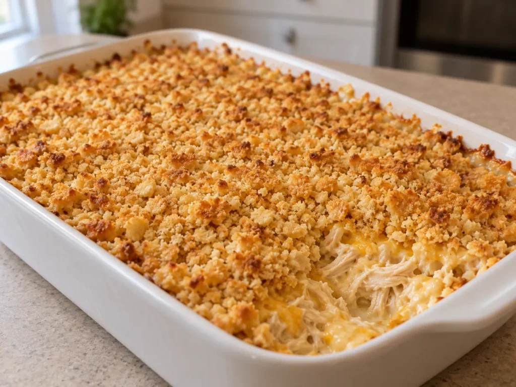 Million Dollar Chicken Casserole Recipe with a golden cracker topping and creamy shredded chicken