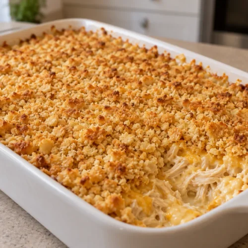 Million Dollar Chicken Casserole Recipe with a golden cracker topping and creamy shredded chicken