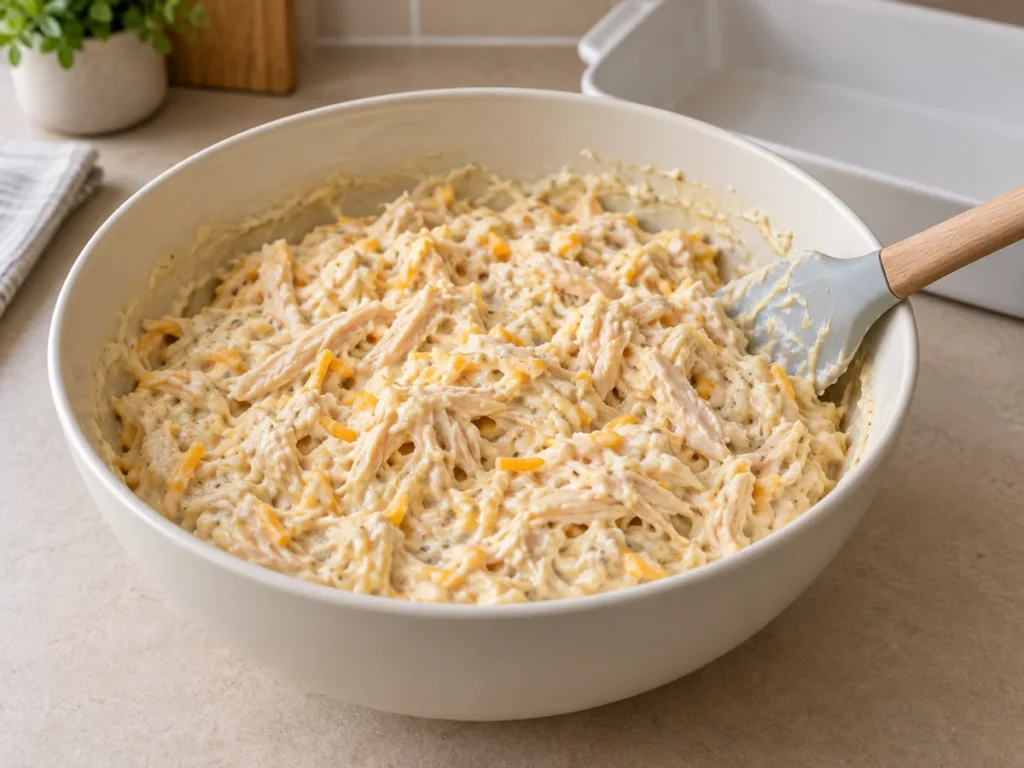 Cooked shredded chicken mixed with creamy sauce and cheese in an off-white bowl