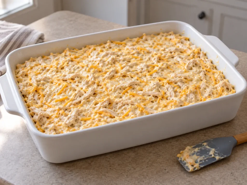 Creamy shredded chicken filling spread in a white 9-by-13-inch baking dish