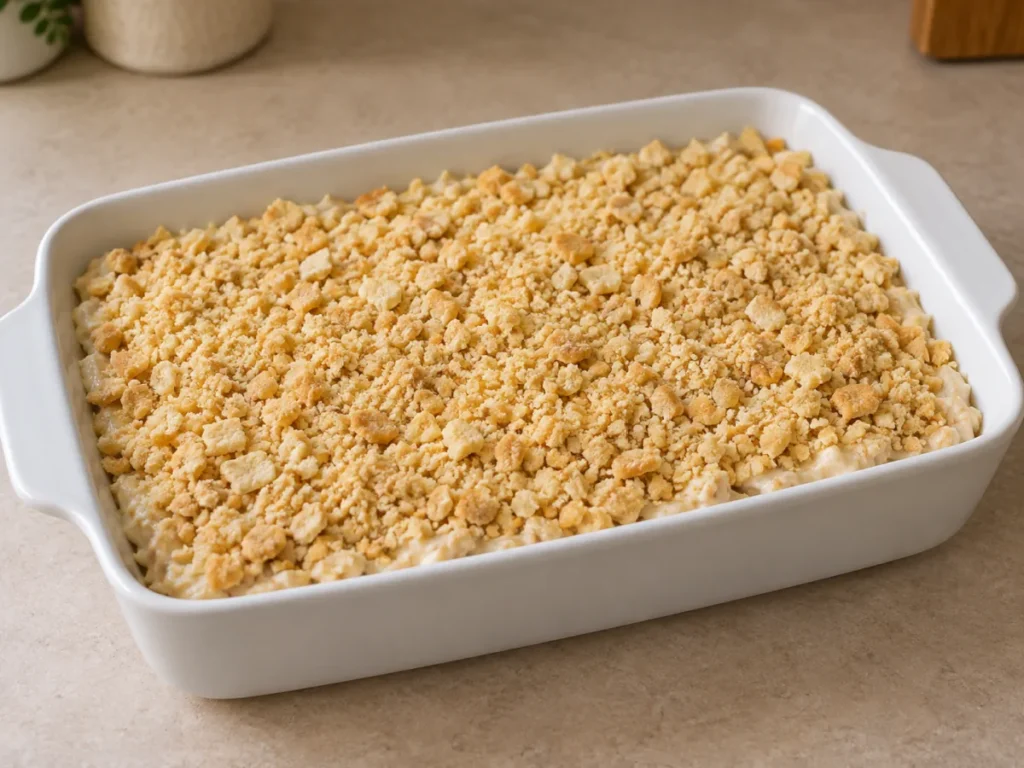 Pale crushed cracker crumbs covering the unbaked creamy chicken filling