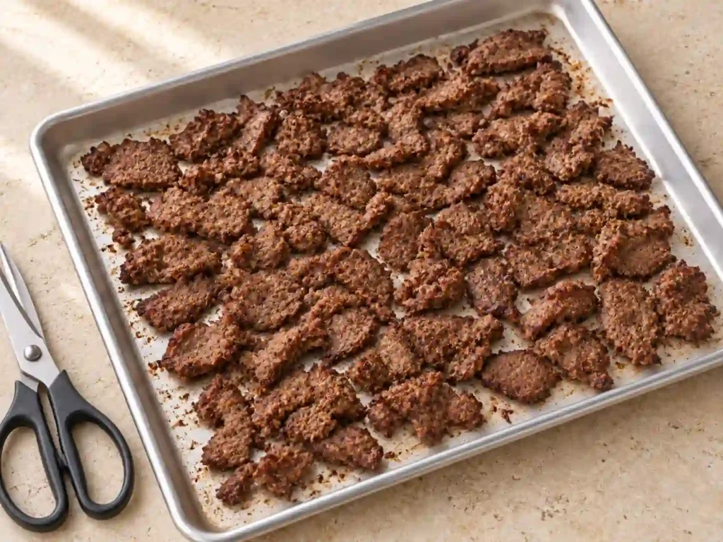 Torn doner-style ground beef with browned crisp edges spread on a sheet pan after broiling.