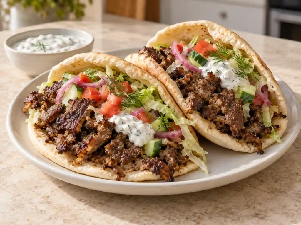 Two warm pitas filled with crisp-edged sheet pan doner-style beef, garlic-yogurt sauce, lettuce, tomato, cucumber, and pickled onion.