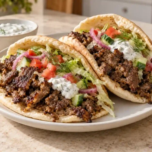 Two warm pitas filled with crisp-edged sheet pan doner-style beef, garlic-yogurt sauce, lettuce, tomato, cucumber, and pickled onion.