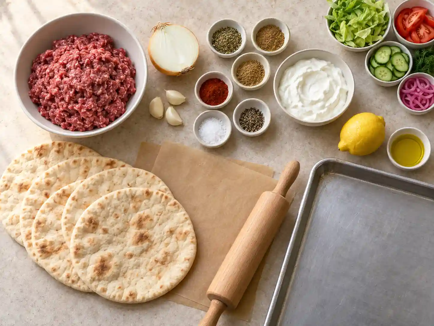 Measured ground beef, spices, yogurt, pita, lemon, olive oil, parchment, and optional vegetables for sheet pan doner kebab.