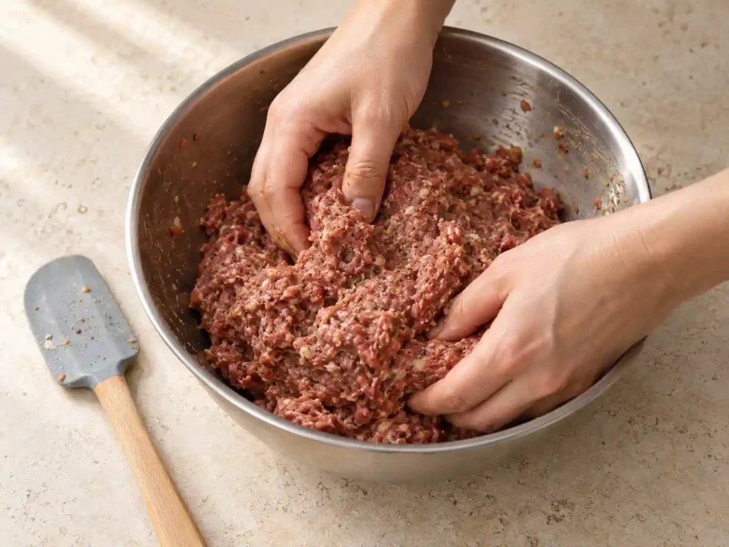 Seasoned raw ground beef mixture being combined in a stainless-steel bowl.