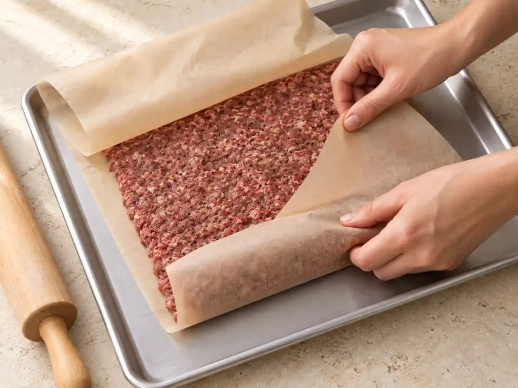 Thin raw beef sheet in parchment being folded on a rimmed sheet pan.