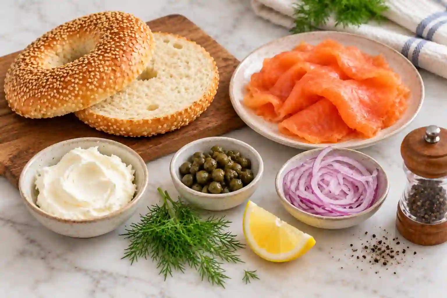 Smoked salmon bagel ingredients with cream cheese capers red onion dill and lemon