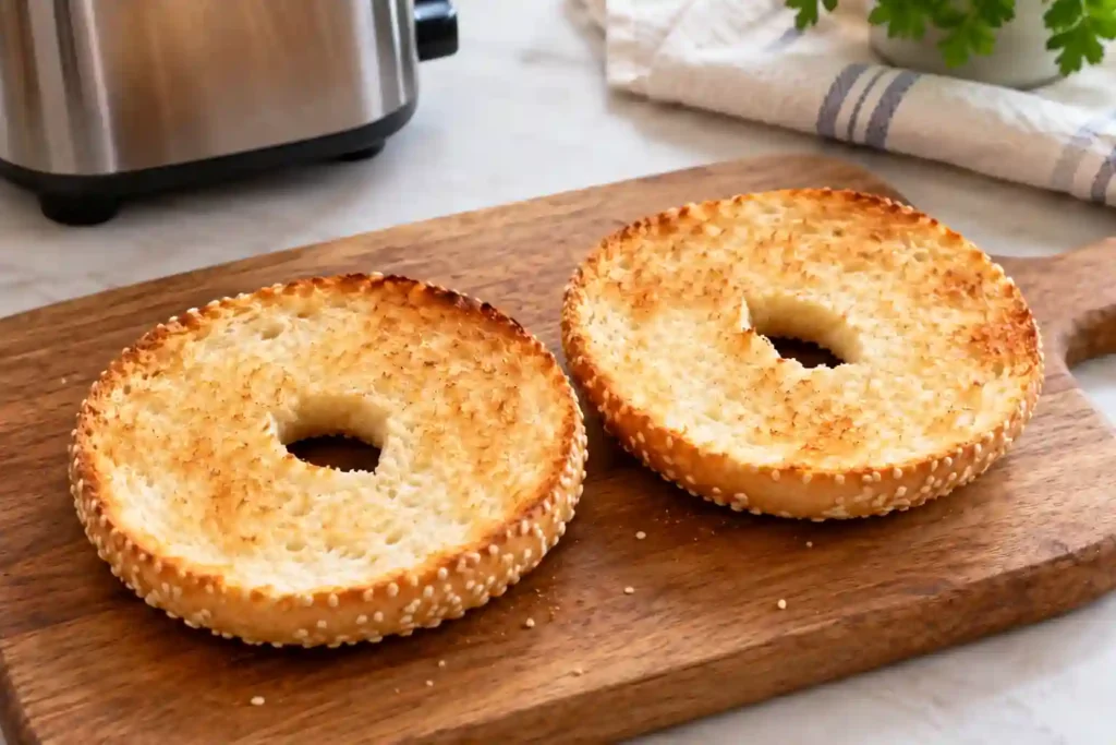 Toasted sesame bagel halves on a wooden cutting board