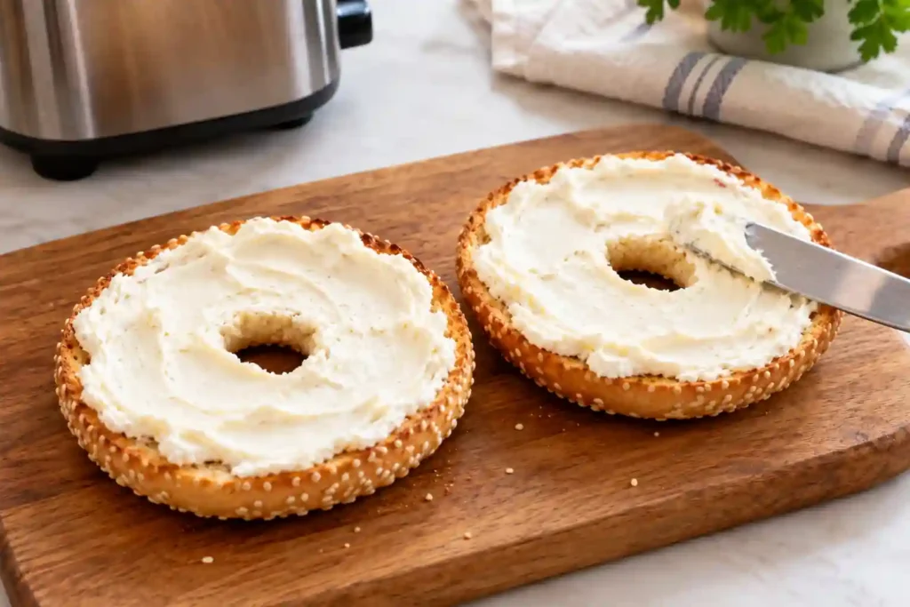 Cream cheese spread over both halves of a toasted sesame bagel