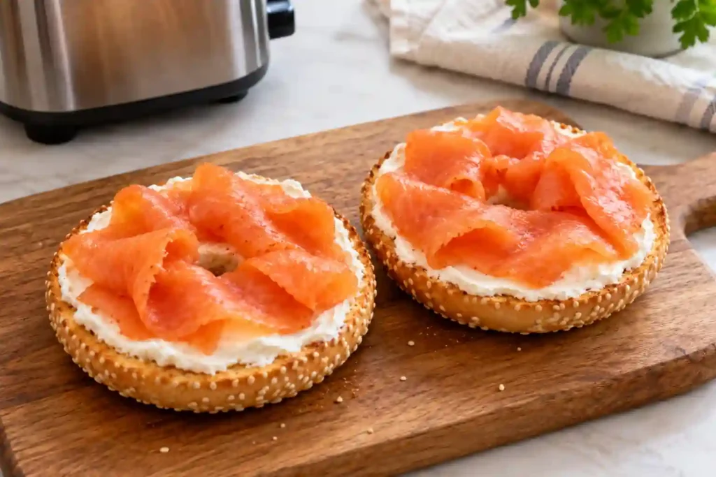 Folded smoked salmon on bagel halves spread with cream cheese