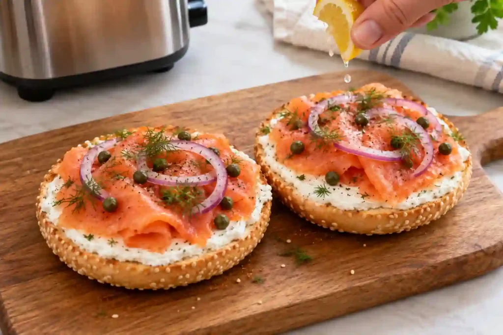 Smoked salmon bagel with red onion capers dill and fresh lemon