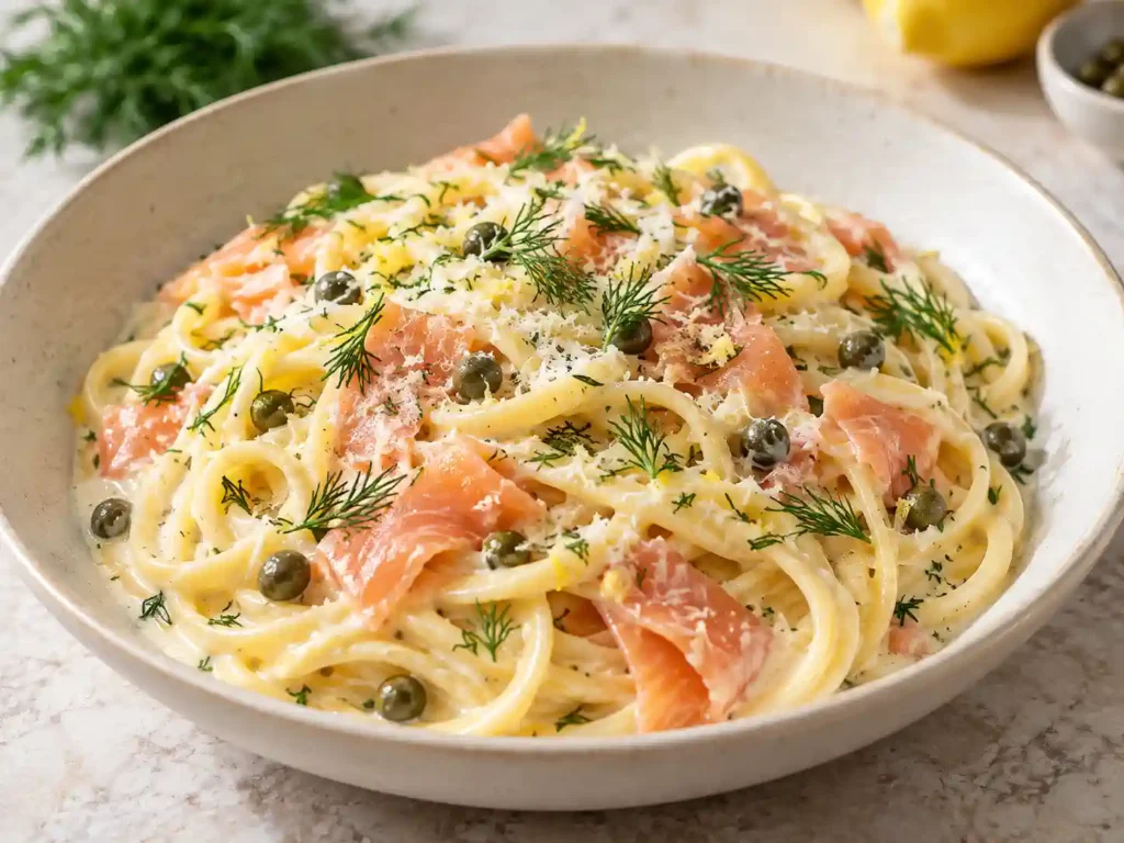 Smoked salmon pasta with lemon, dill, Parmesan and capers