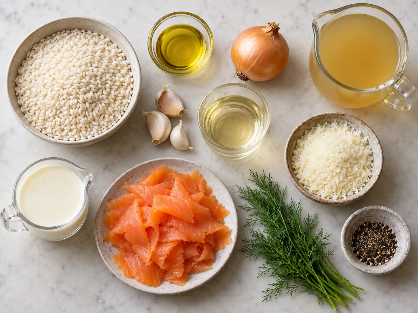 Ingredients for smoked salmon risotto with Arborio rice, salmon, Parmesan, cream, dill, stock, and wine
