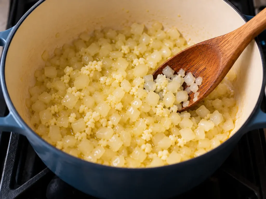 Onion and garlic softened in olive oil for smoked salmon risotto