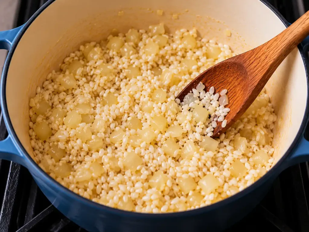 Arborio rice toasted with softened onion and garlic