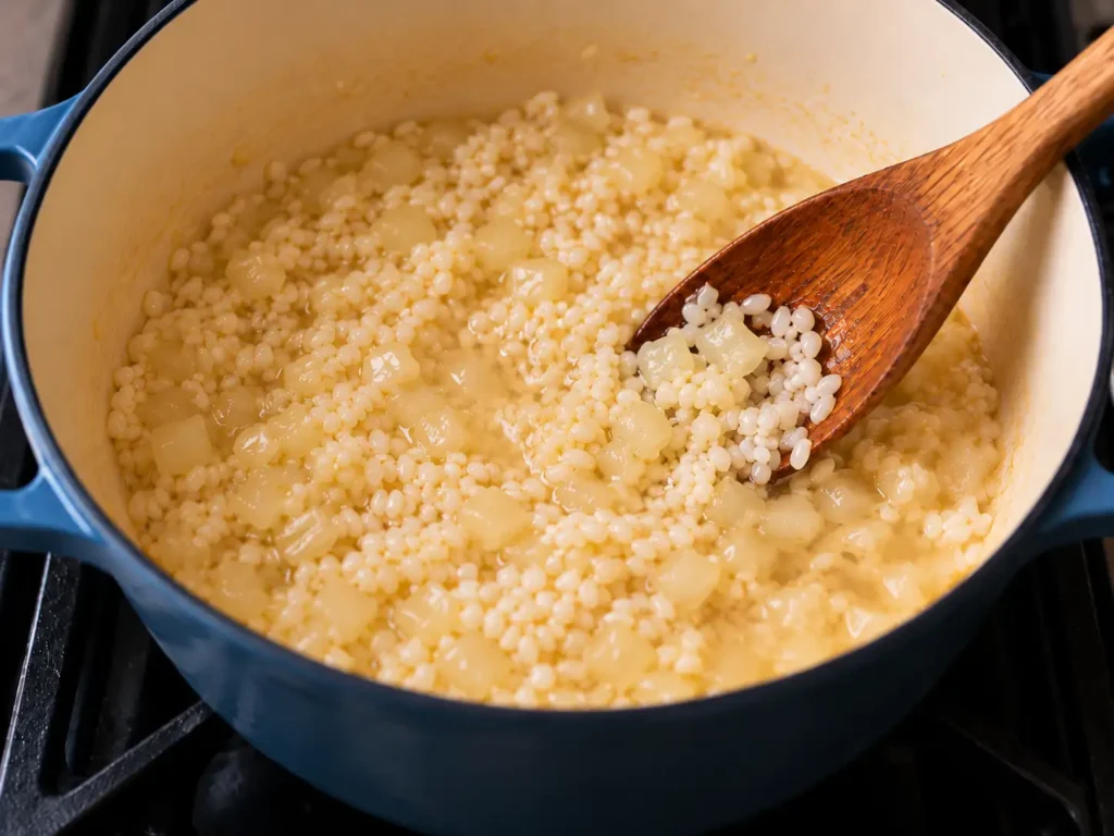 Arborio rice deglazed with dry white wine for risotto