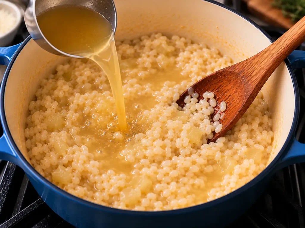 Warm stock added gradually to Arborio rice while cooking risotto