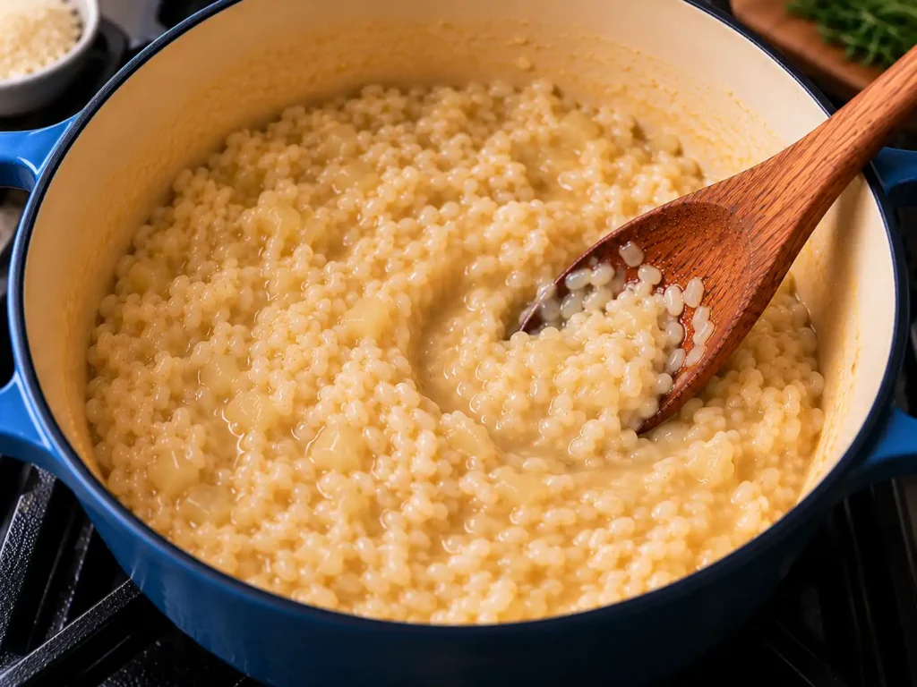 Creamy al dente risotto before adding smoked salmon