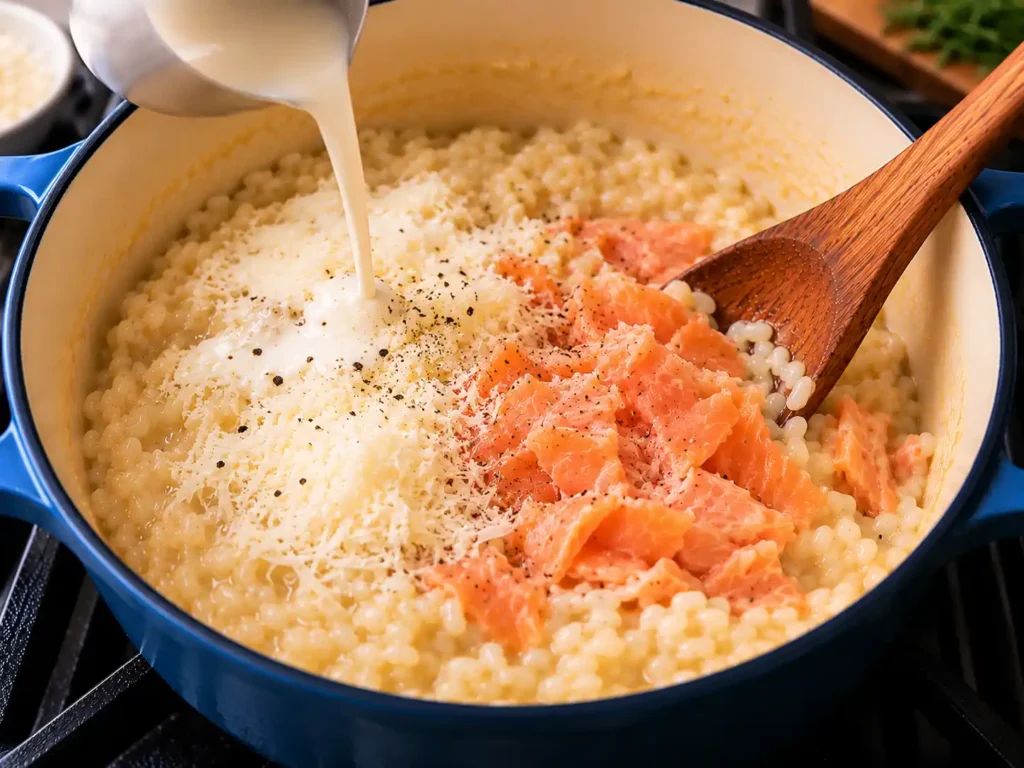 Smoked salmon, Parmesan, and cream folded into risotto