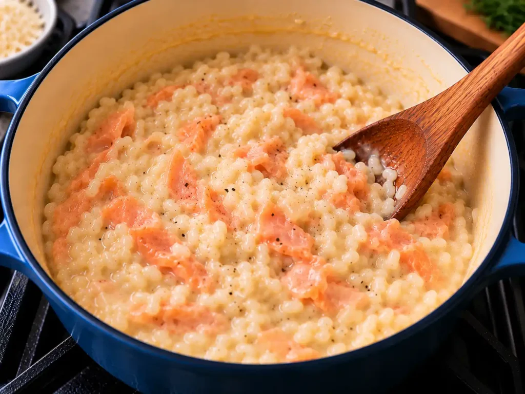 Smoked salmon risotto seasoned with black pepper