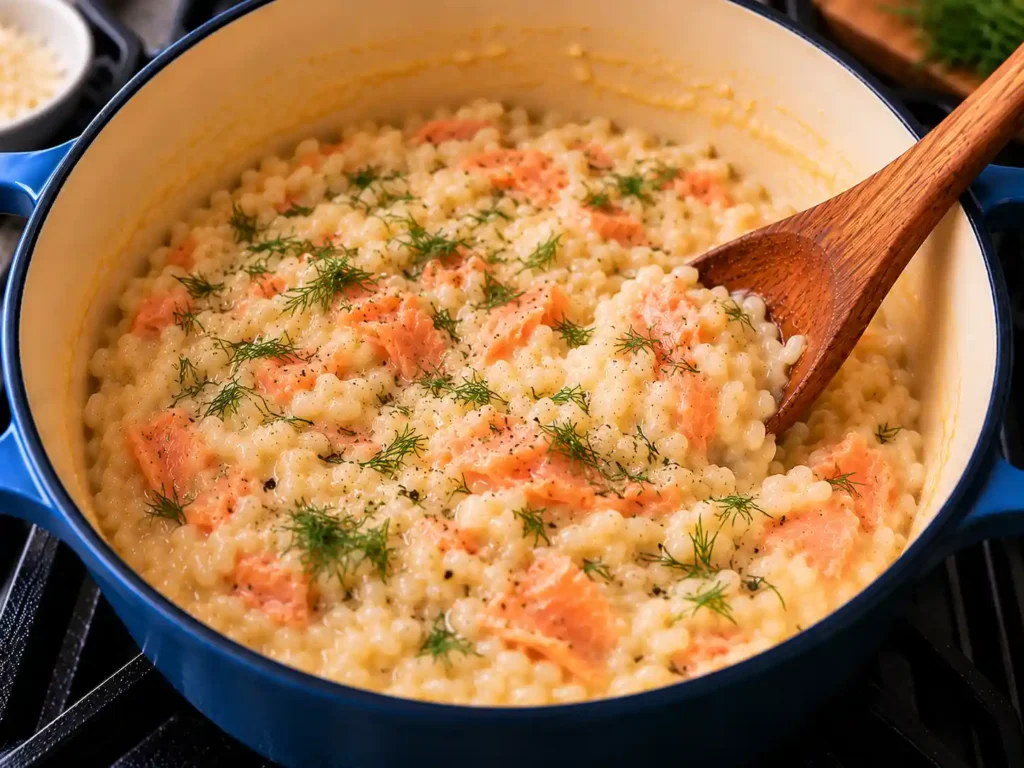 Smoked salmon risotto finished with fresh dill and ready to serve