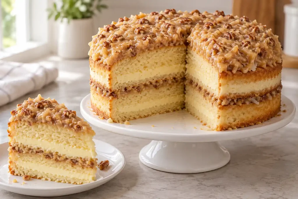 White German Chocolate Cake with baked cheesecake filling and coconut-pecan frosting, with a slice removed.