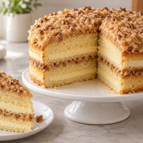 White German Chocolate Cake with baked cheesecake filling and coconut-pecan frosting, with a slice removed.