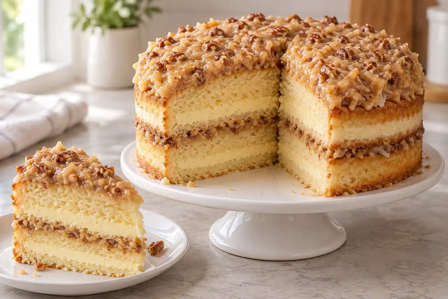 White German Chocolate Cake with baked cheesecake filling and coconut-pecan frosting, with a slice removed.