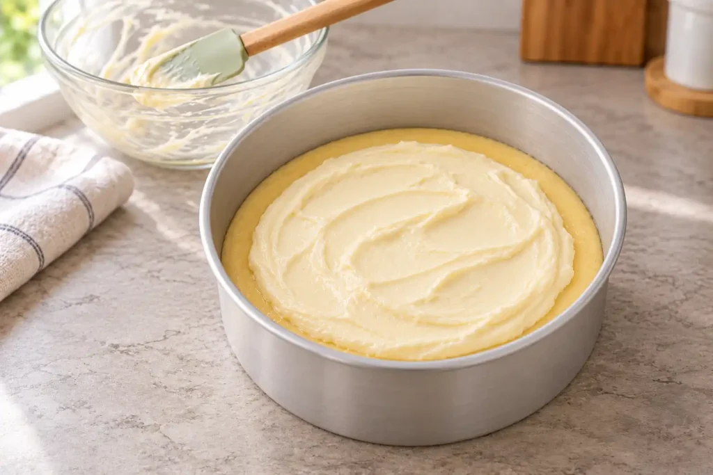Cheesecake filling spread over cake batter, leaving a narrow batter border inside a deep round pan.