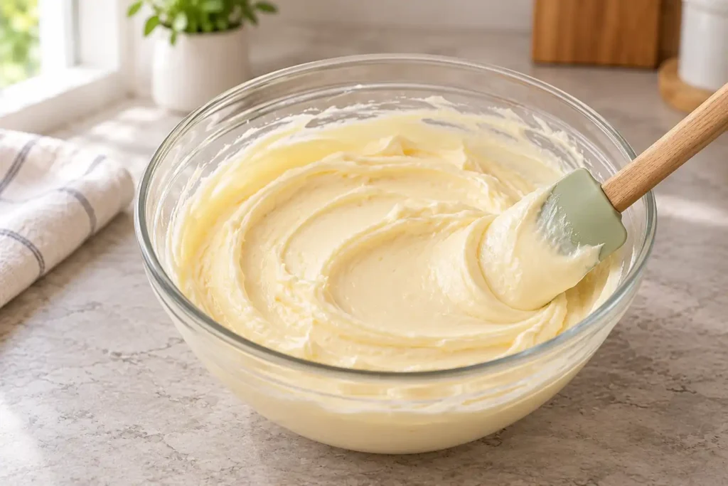 Smooth cream cheese filling in a glass bowl, ready to layer into the cake pans.
