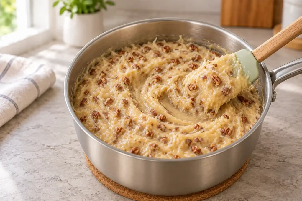 Thick coconut-pecan frosting in a saucepan after the coconut and chopped pecans are stirred in.