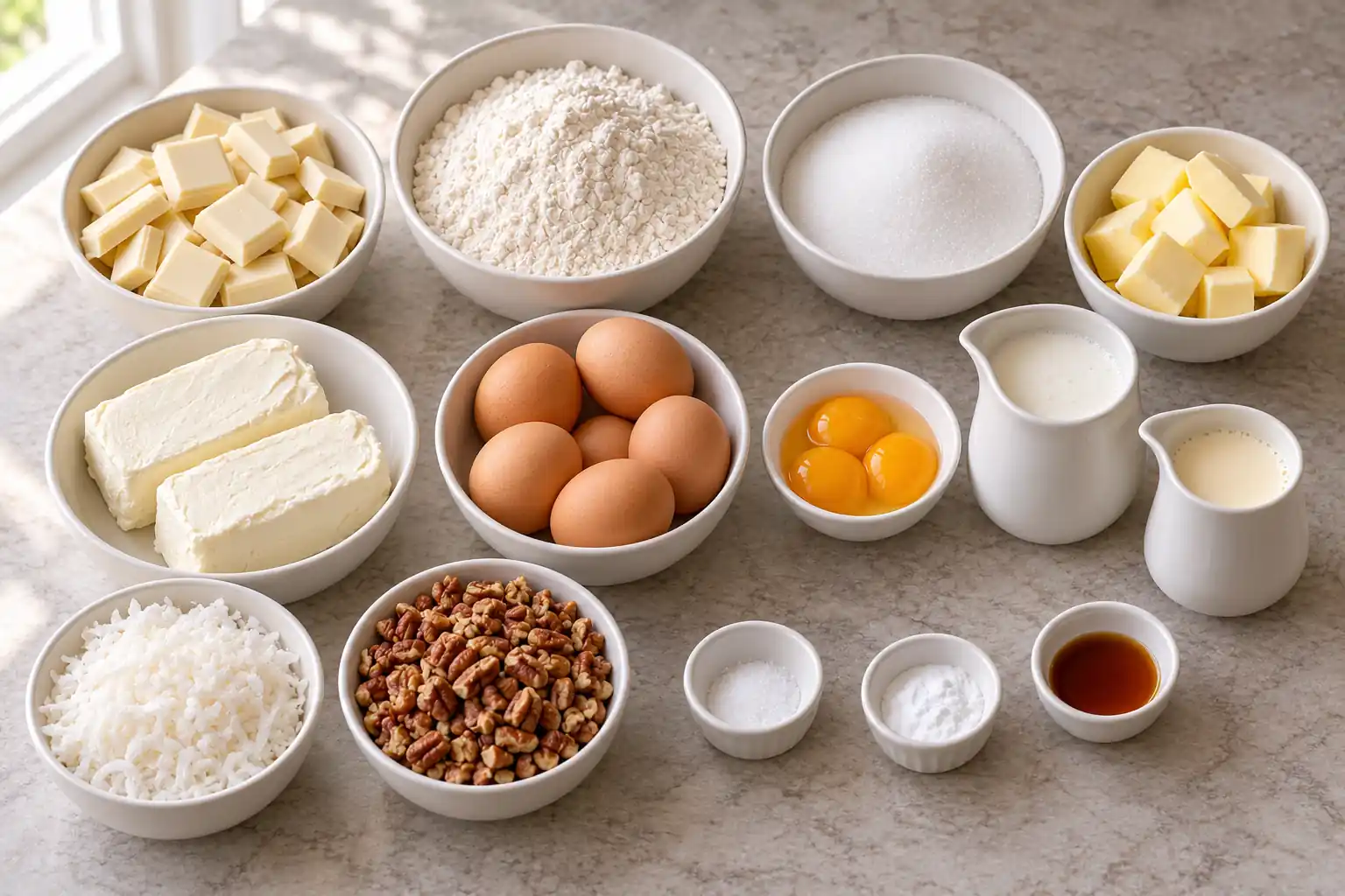 White chocolate, cream cheese, eggs, coconut, pecans, and other ingredients for White German Chocolate Cake.